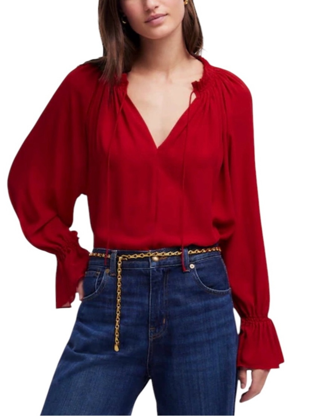 Madewell Front Tie Button-up Split Neck Blouse with smocked cuffs XL CRIMSON Red